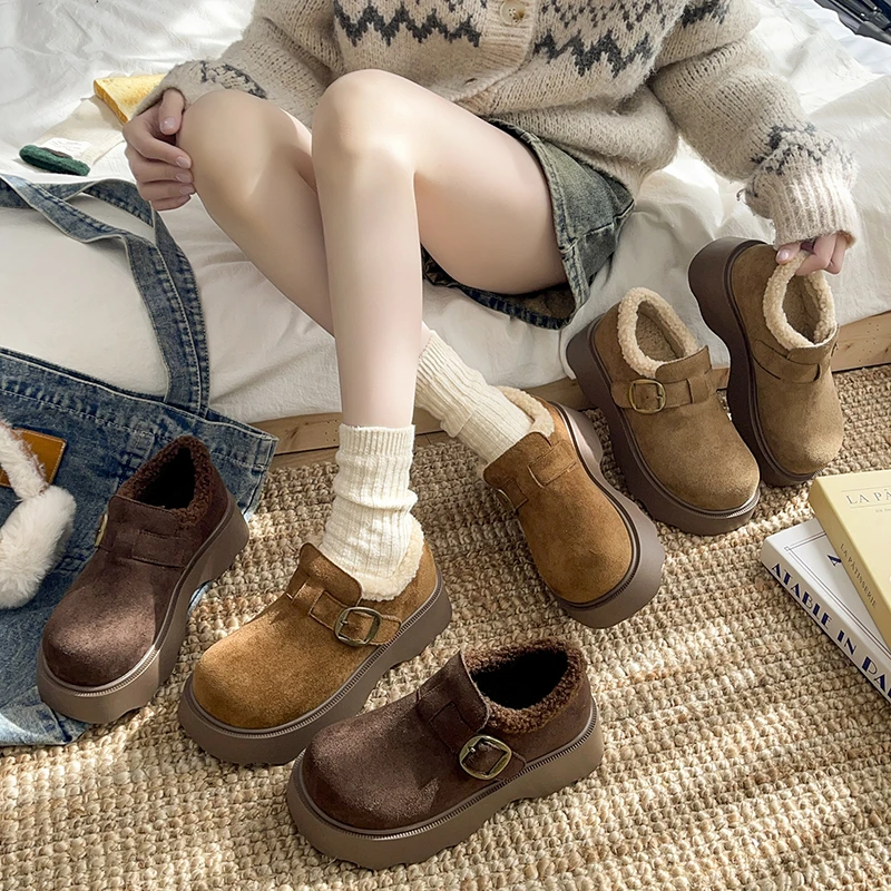 厚底加绒复古勃肯鞋女小个子增高棉鞋2025冬季新款百搭防滑勃肯鞋