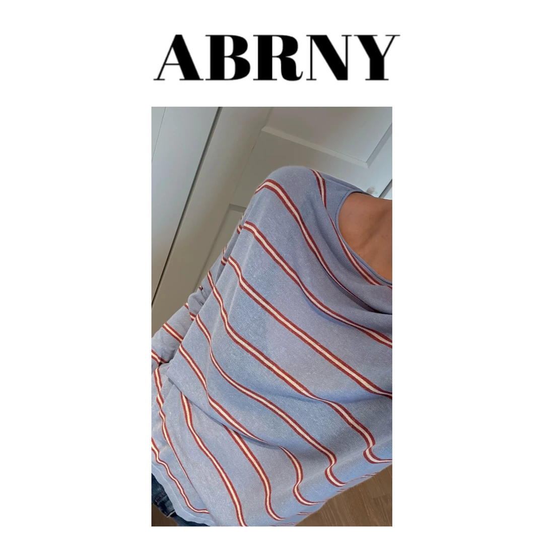 许小黑【极光律动】新款圆领薄款微透条纹亚麻拼色宽松上衣打底5022