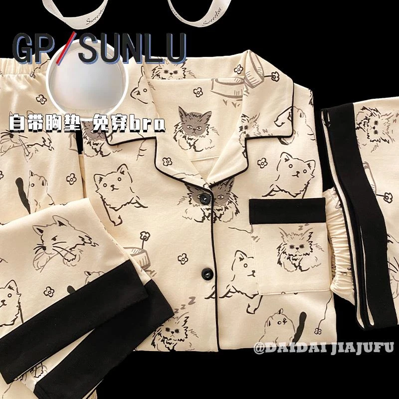 日本小众GP三件套睡衣女款春秋夏季长袖棉质带胸垫短袖复古风慵懒