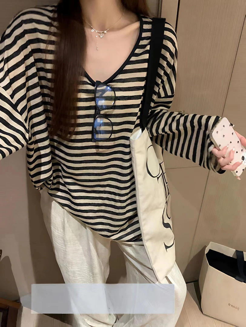 美式复古撞色条纹防晒罩衫t恤女秋季新款宽松休闲慵懒松弛感上衣