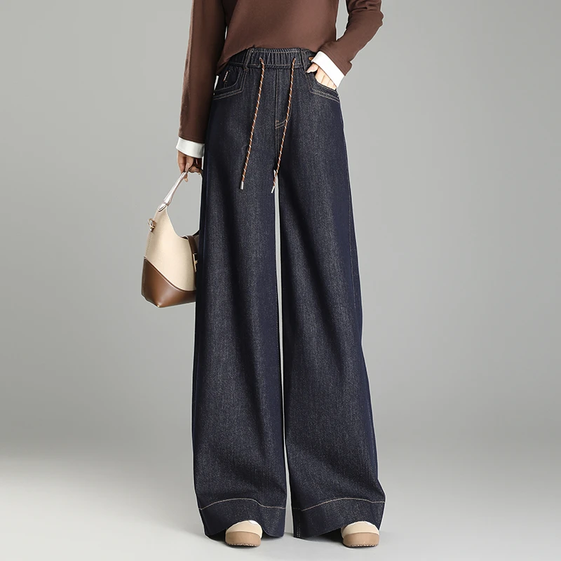 2025春季新款松紧腰牛仔阔腿裤宽松女裤子梨型身材粗腿宽胯长裤