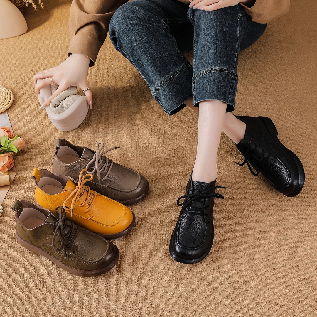头层牛皮英伦风平跟系带复古港风平底秋短靴秋季圆头春秋休闲百搭