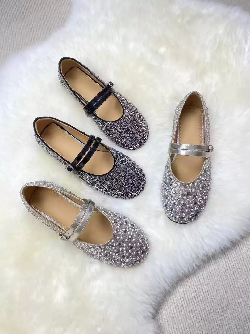 苏苏专属～50318欧洲站2025春夏新款女鞋低跟平底浅口水钻玛丽珍鞋