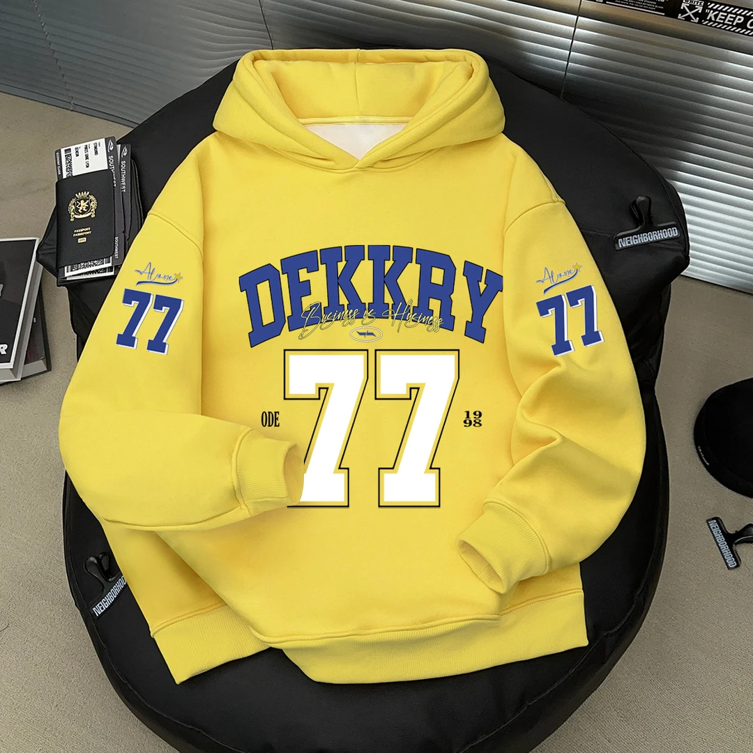 美式个性秋冬季黄色连帽套头卫衣潮牌数字印花休闲宽松男女同上衣