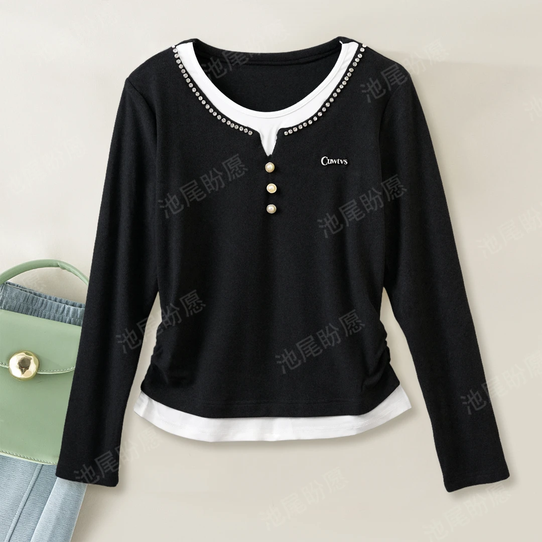 2025秋冬新款打底衫上衣重工钉珠纽扣假两件拼接显瘦百搭时尚上衣