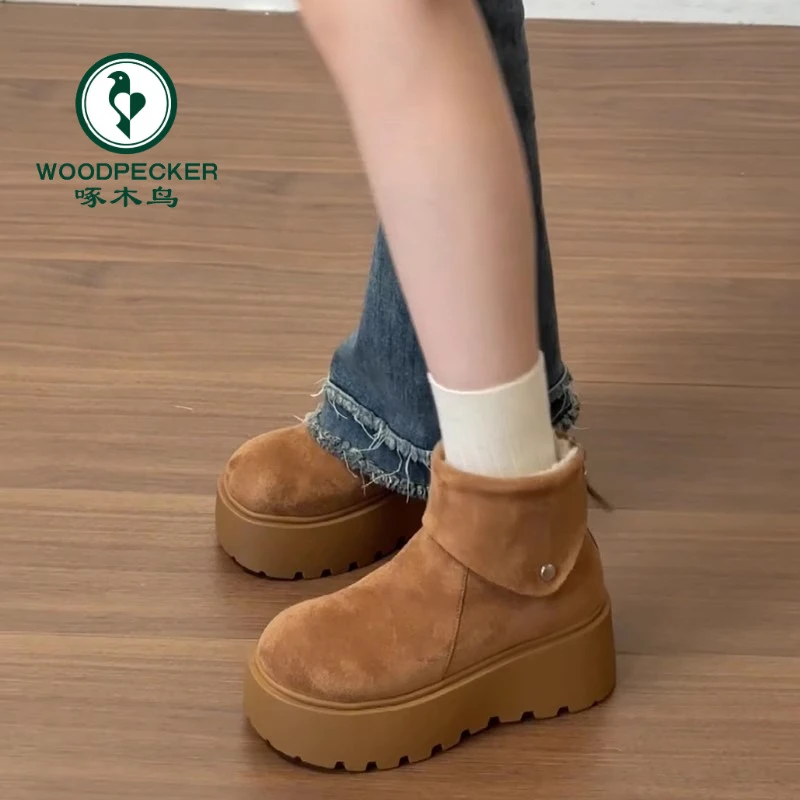 啄木鸟厚底雪地靴女款2025年新款冬季保暖加绒增高复古勃肯棉鞋子