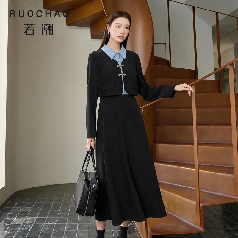 三彩大码女装冬季假两件连衣裙衬衫领长袖高腰