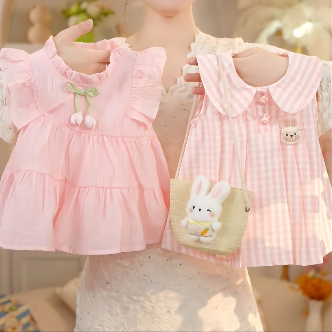 【131】2025年夏季新款女童可爱粉色飞袖公主裙or粉色格子小兔裙