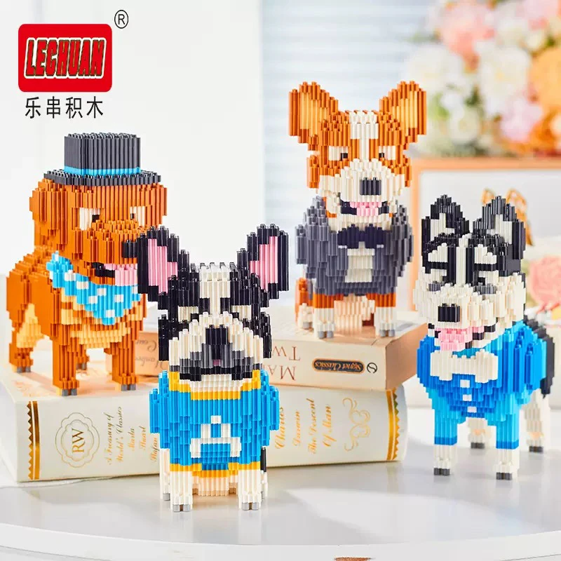 萌宠狗狗系列立体积木摆件儿童益智哈士奇斗牛犬拼装玩具拼图潮玩