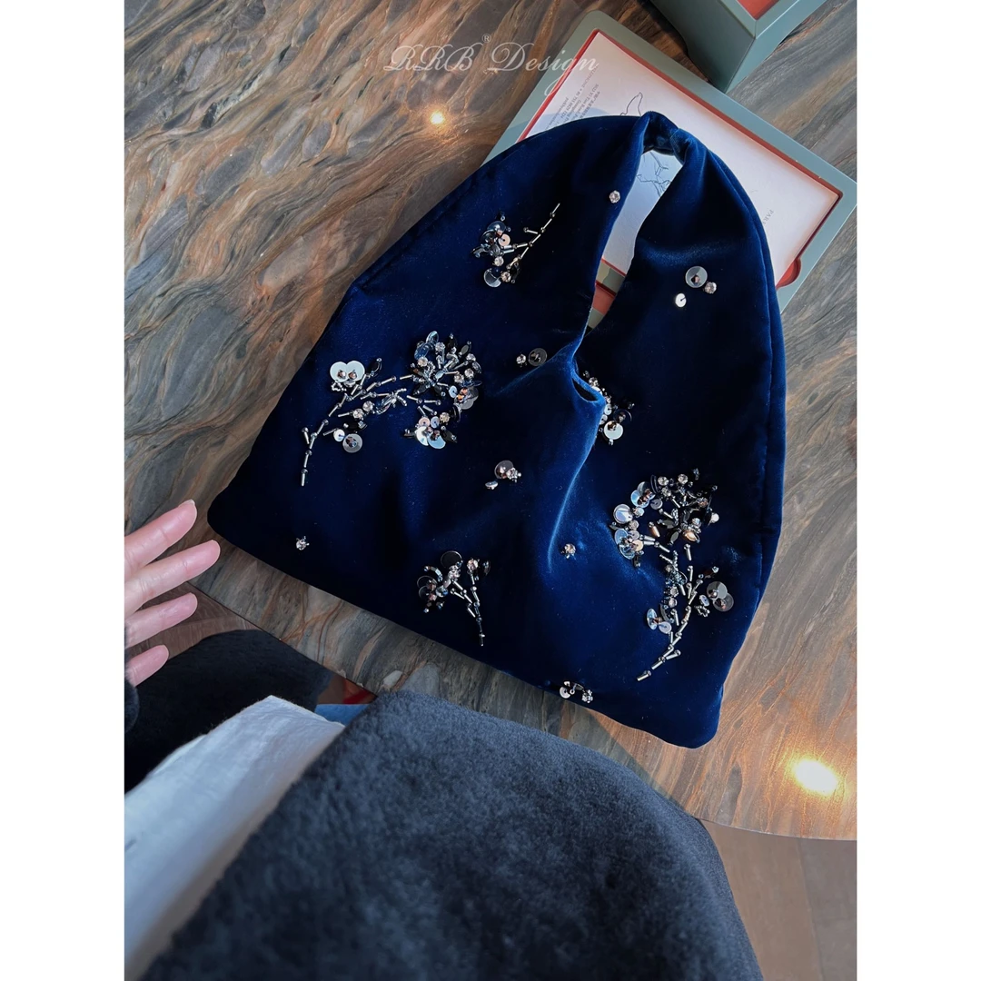 RRB Design 日本进口丝绒手工钉珠刺绣时髦百搭手拎包