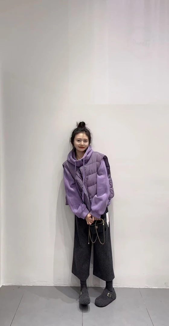 棉服马甲女2025秋冬新款韩版紫色坎肩马夹背心叠穿打底衫休闲裤