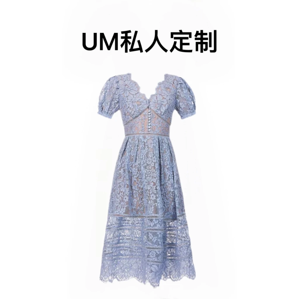 夏季法式复古蓝色V领高腰修身长款大摆蕾丝连衣裙