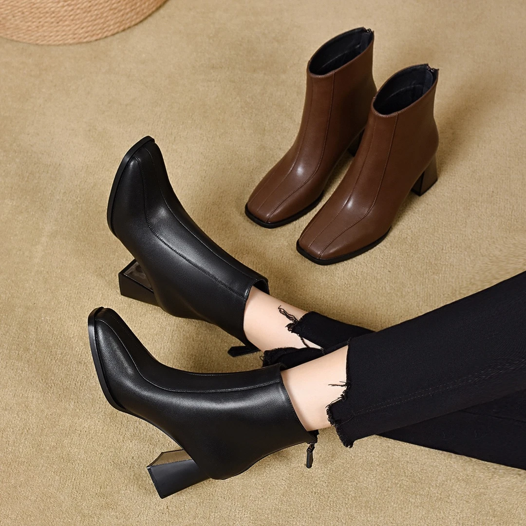 2025秋冬新款方头粗跟复古时装靴~跟高4厘米6厘米