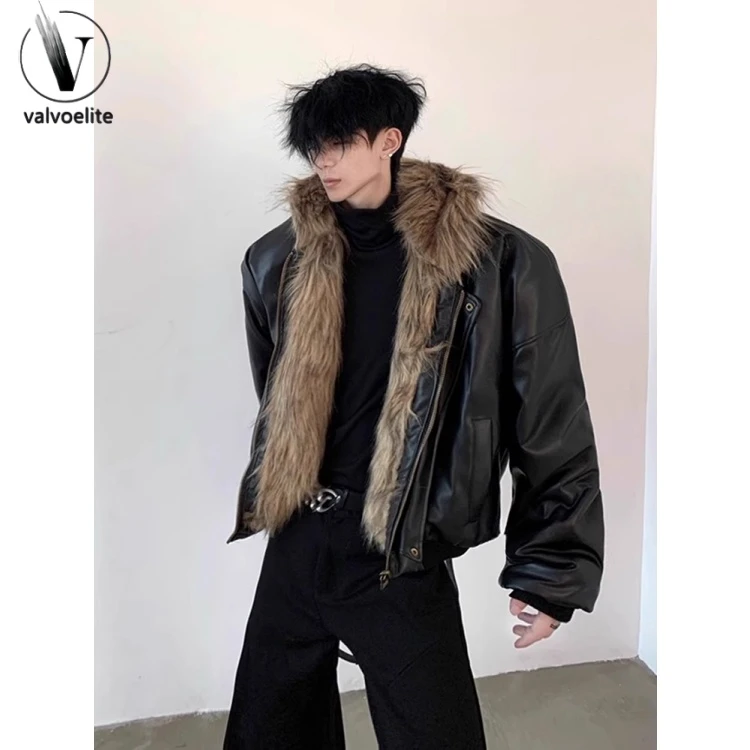 座山雕PU皮毛一体仿皮草外套棉服男款冬季高级感连帽短款美式夹克