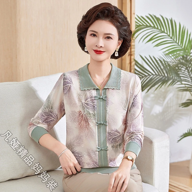 妈妈春夏翻领长袖T恤2025新款时尚薄款小衫中老年女洋气宽松套装