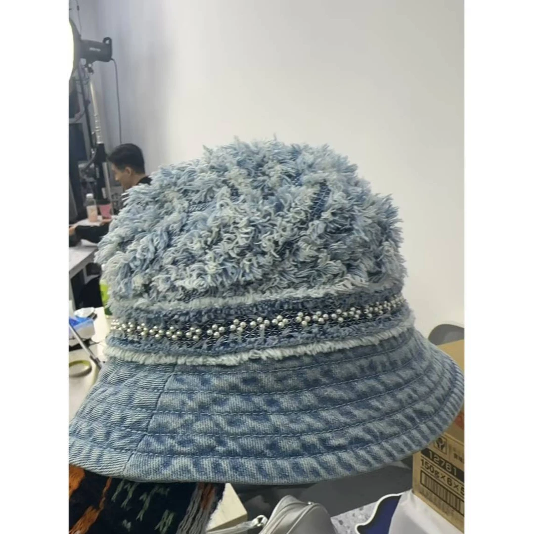 【CHICO专属】钉珠毛边牛仔渔夫帽，蓝色D4AD10431006