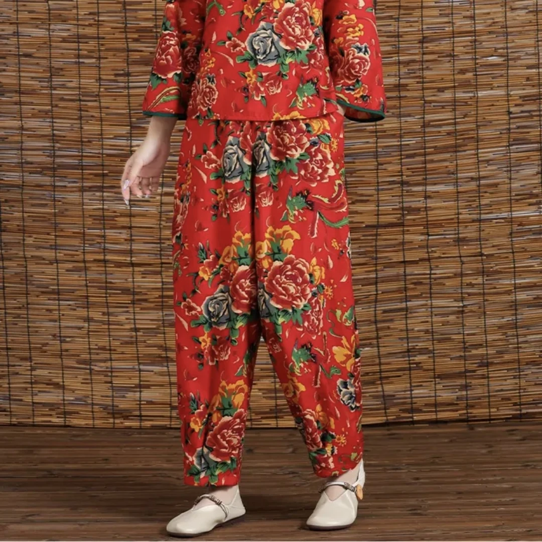 东北大花时尚民族风复古盘口跳舞现代中国风村姑中式裤子