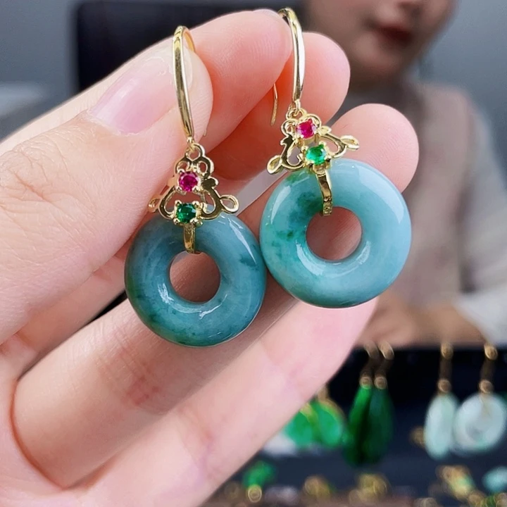 翡翠耳饰银S925镶嵌饰品