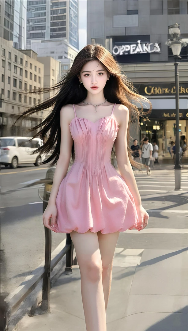 温柔甜美风粉色桃心领吊带收腰连衣裙女小众设计时尚气质显瘦高级