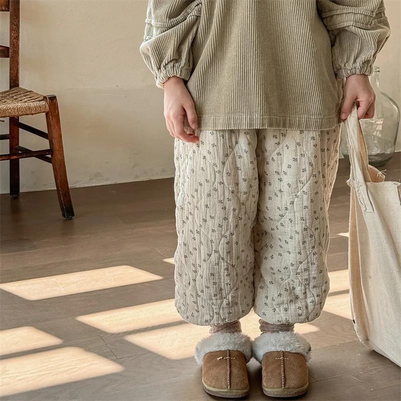 秋冬装儿童韩版碎花夹棉棉裤冬季女童保暖加厚裤子长裤洋气2025