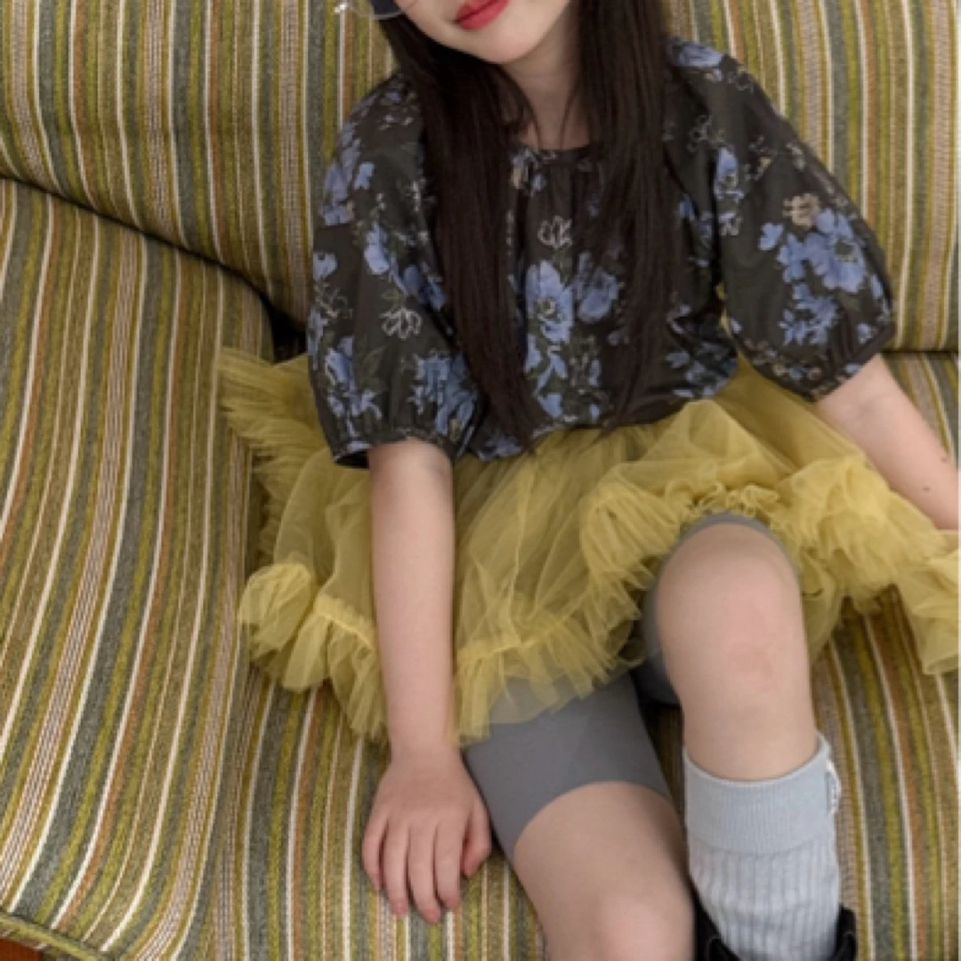 童装新品韩版女童复古INS风森系短袖衬衫 复古灰蓝花娃娃衫