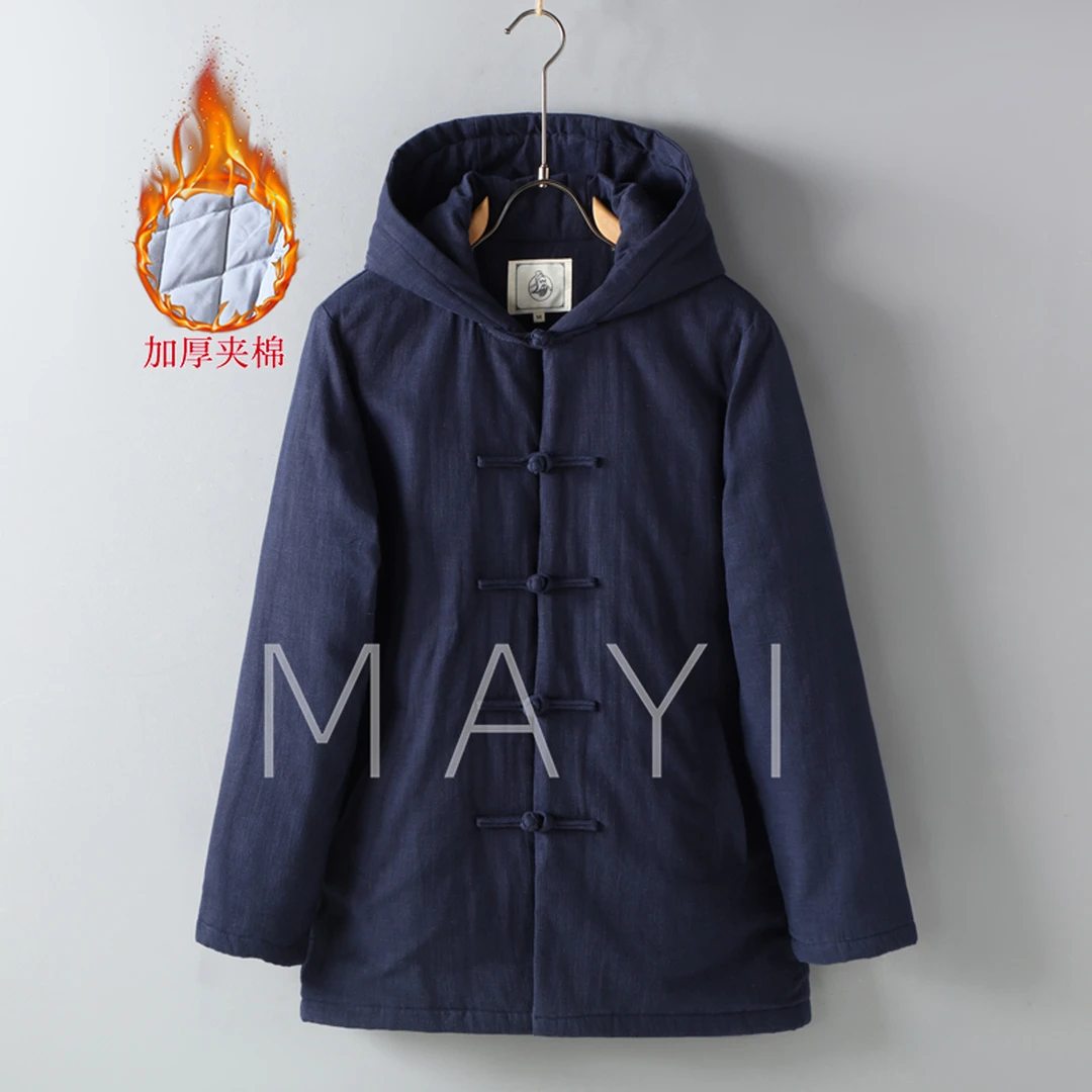 新中式国风连帽羽绒棉服男复古盘扣纯色亚麻加棉加厚保暖棉衣外套