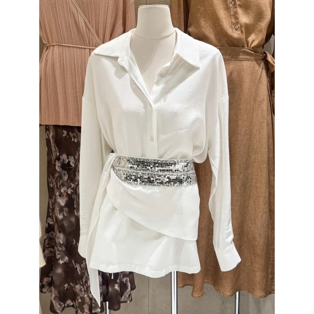 十三行2025秋装法式风翻领排扣衬衫上衣高腰亮片半身裙两件套装女