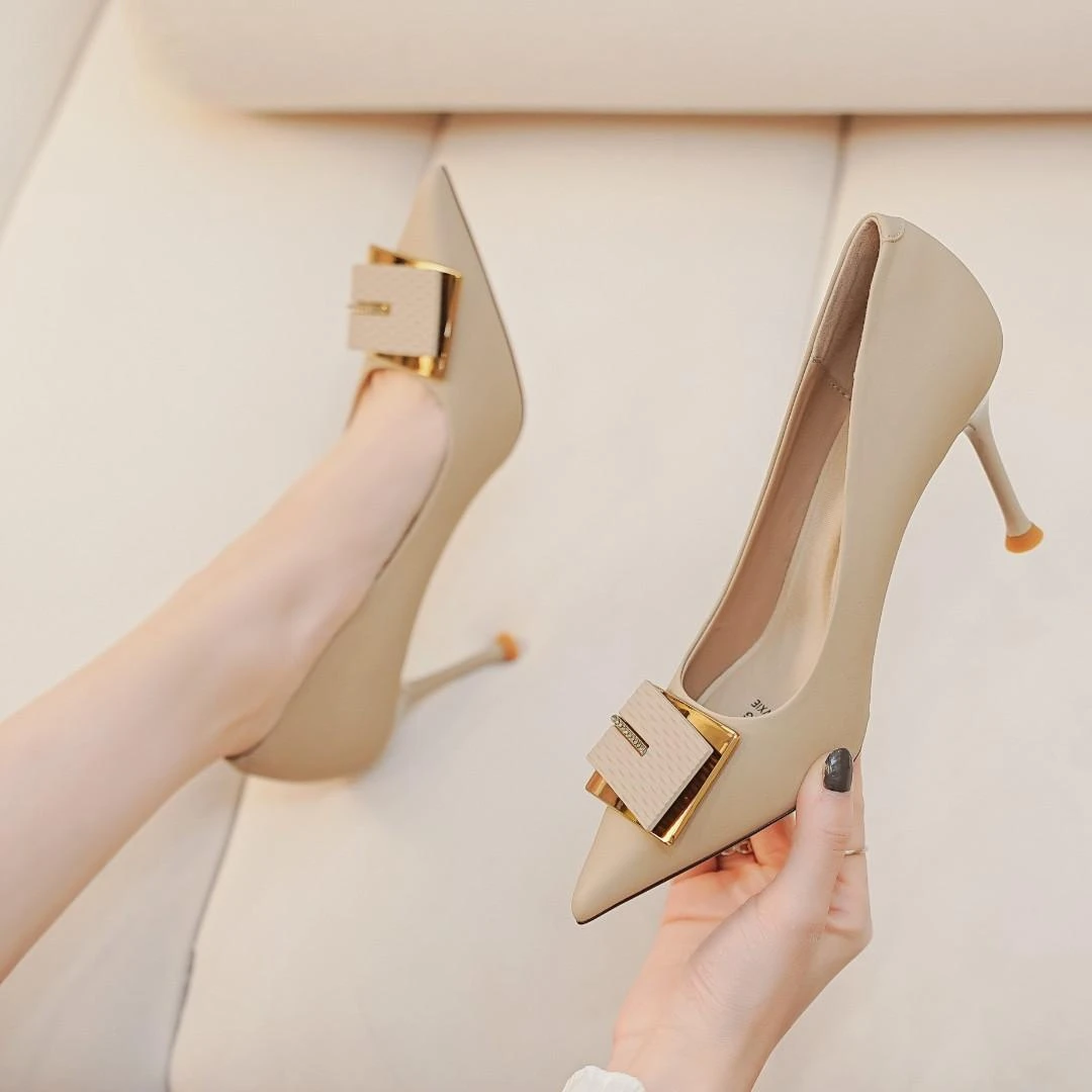 398【8/6厘米】春季新款时尚百搭黑色高跟鞋女尖头细跟浅口单鞋