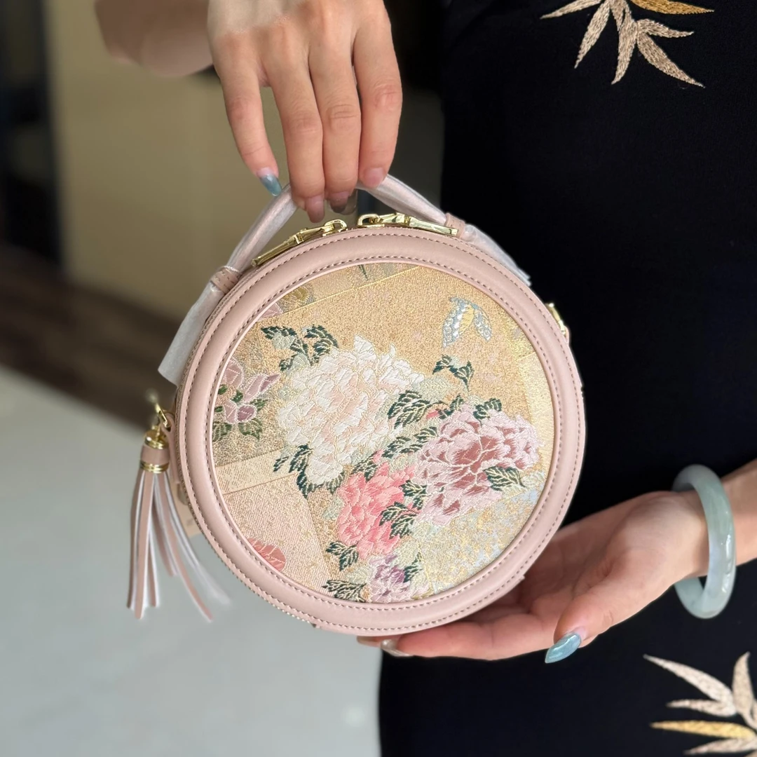 【粉色圆饼包】非遗唐锦 真丝包包 手拎斜跨女包 百搭包包通勤包
