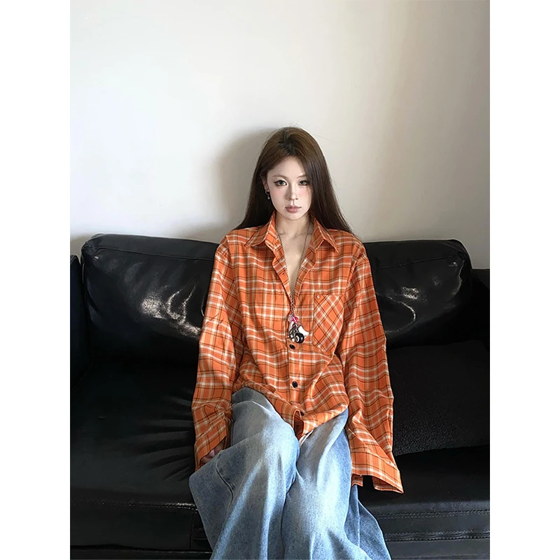 韩系橘色格子条纹长袖衬衫女夏季高级感外搭开衫宽松显瘦外套上衣