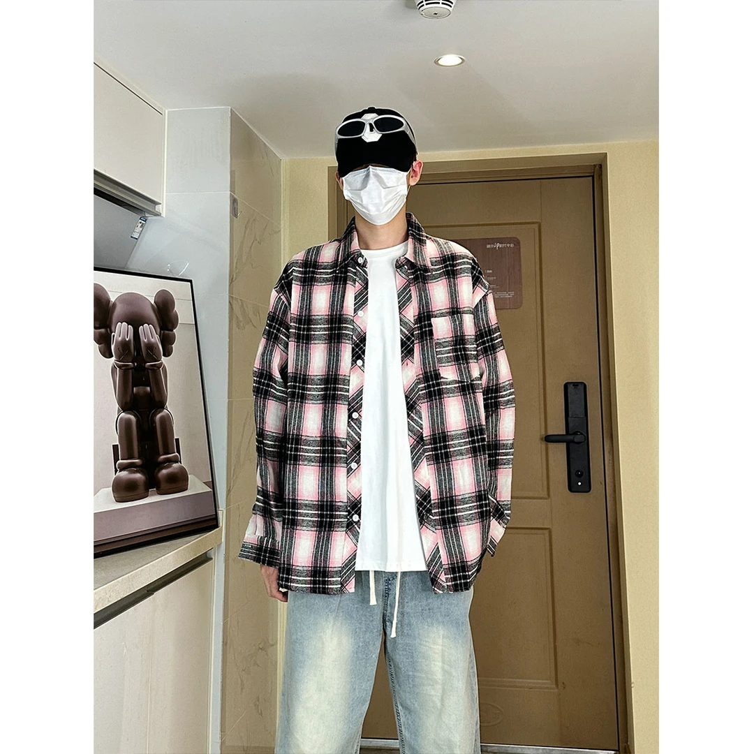 ZMOH美式复古格子拼接撞色连帽街头风宽松休闲长袖衬衫男女同款