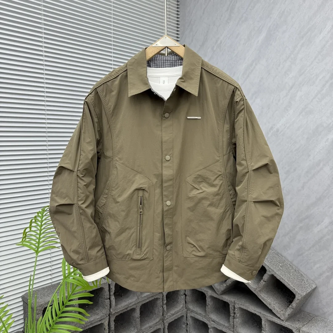 双面穿翻领夹克男士秋季新款宽松潮牌条纹格子双面服外套男款上衣