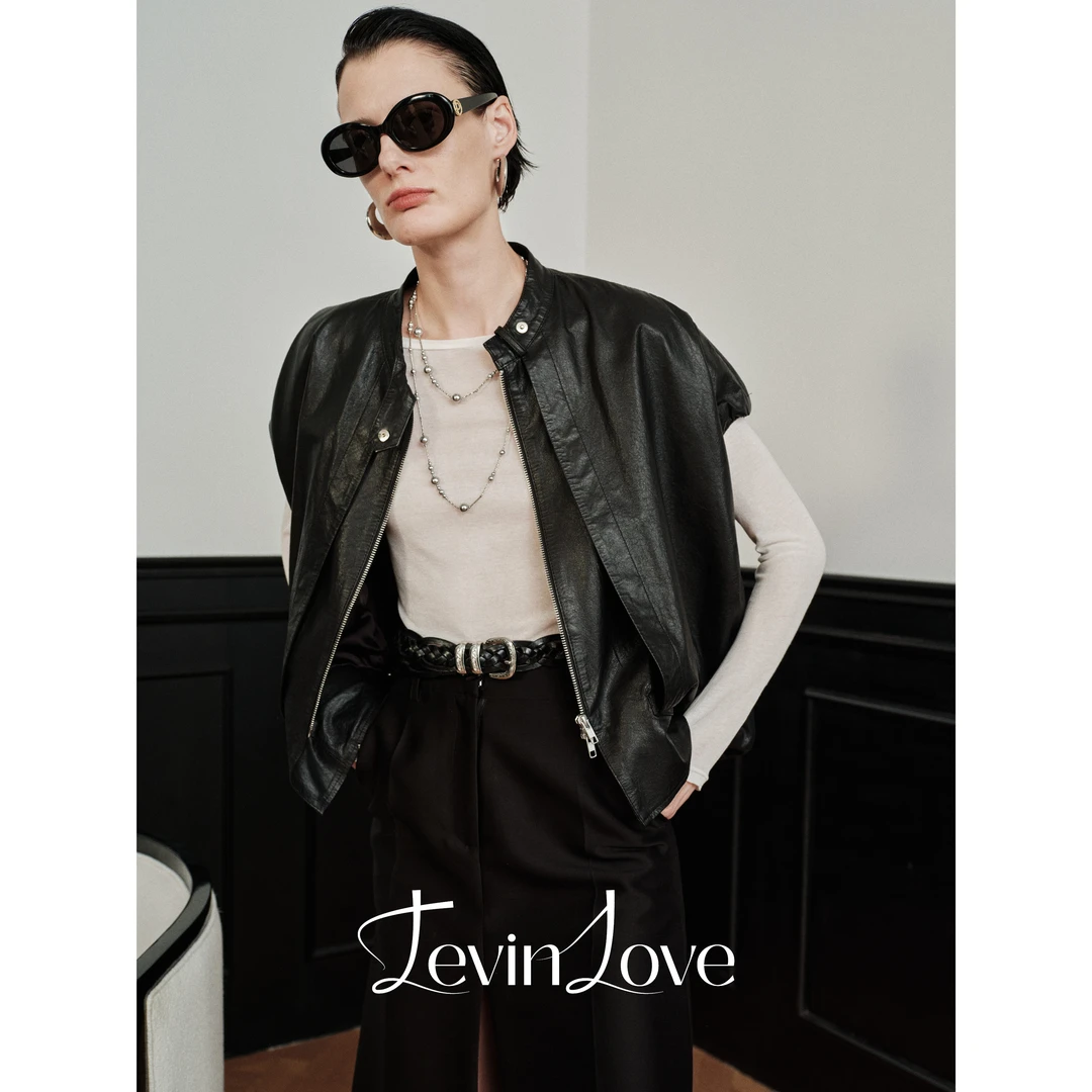 LEVIN LOVE 设计师款黑色皮质马甲 L025AW26502