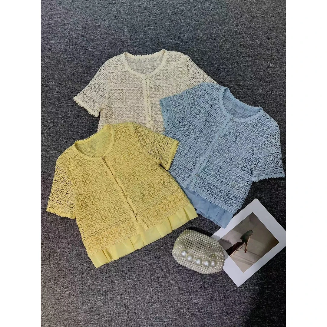 KIKI严选：68680-多米家欧货南油夏季圆领勾花短袖百搭小衫衬衫