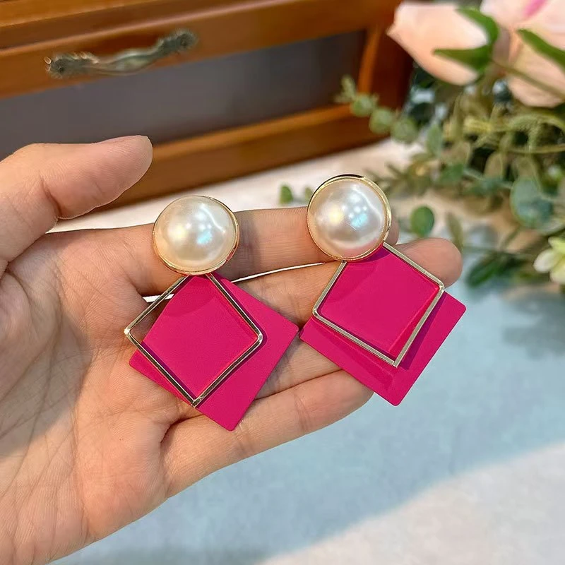 合金仿珍珠耳饰 简约双层几何菱形珠珠耳饰