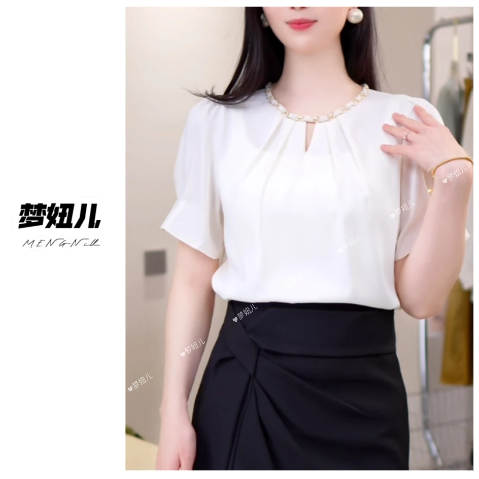 【意法之约】夏季新款短袖衬衫时尚气质缎面显瘦透气高档上衣女