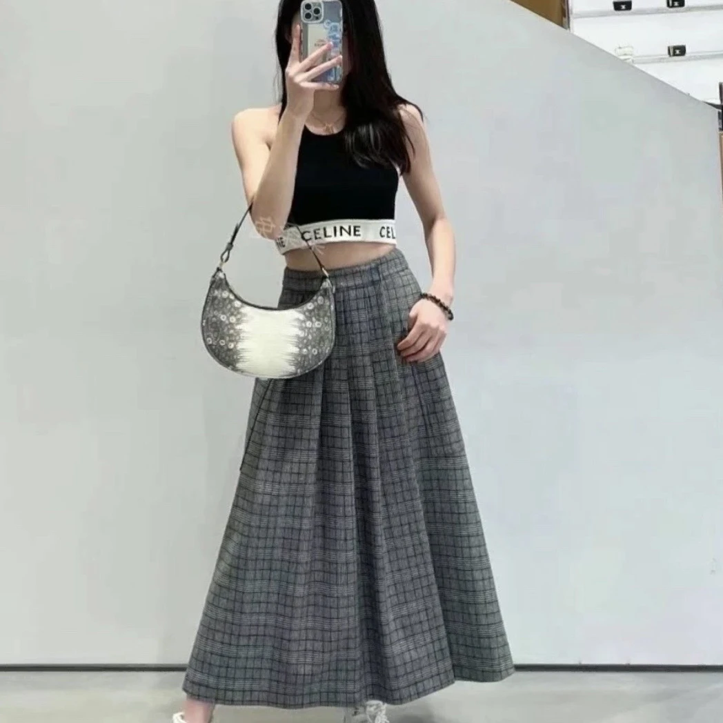 99新 Celine/思琳 ss304/灰色片式羊毛格纹半身裙 40码 羊毛