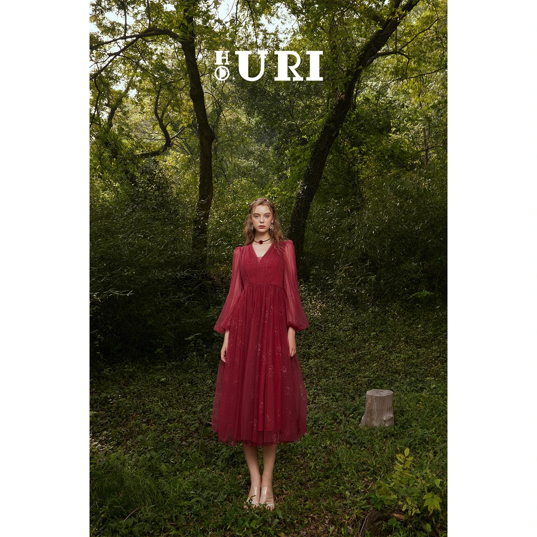 HOURI/海蕾琳气质复古长款酒红色连衣裙宴会新娘敬酒服轻奢小礼裙