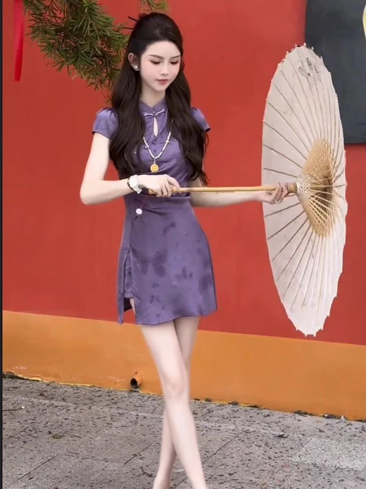 新中式连衣裙套装女夏季新款洋气显瘦国风盘扣旗袍裙子短裤两件套