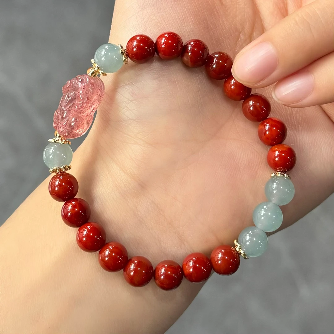 南红柿子红配蓝水翡翠手链搭草莓晶貔貅手串（多样性发一件）B-131