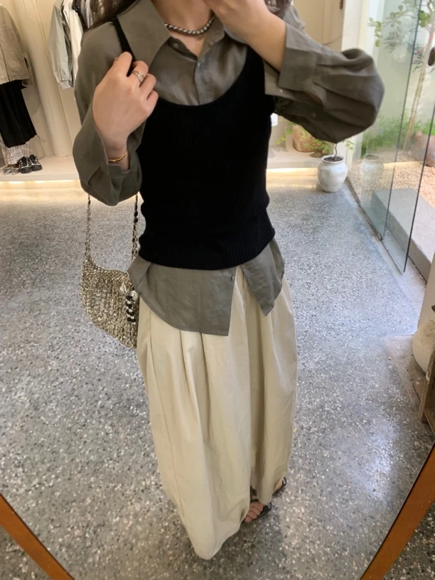 【仅支持48小时退换货】在韩～St灰绿色苎麻衬衫