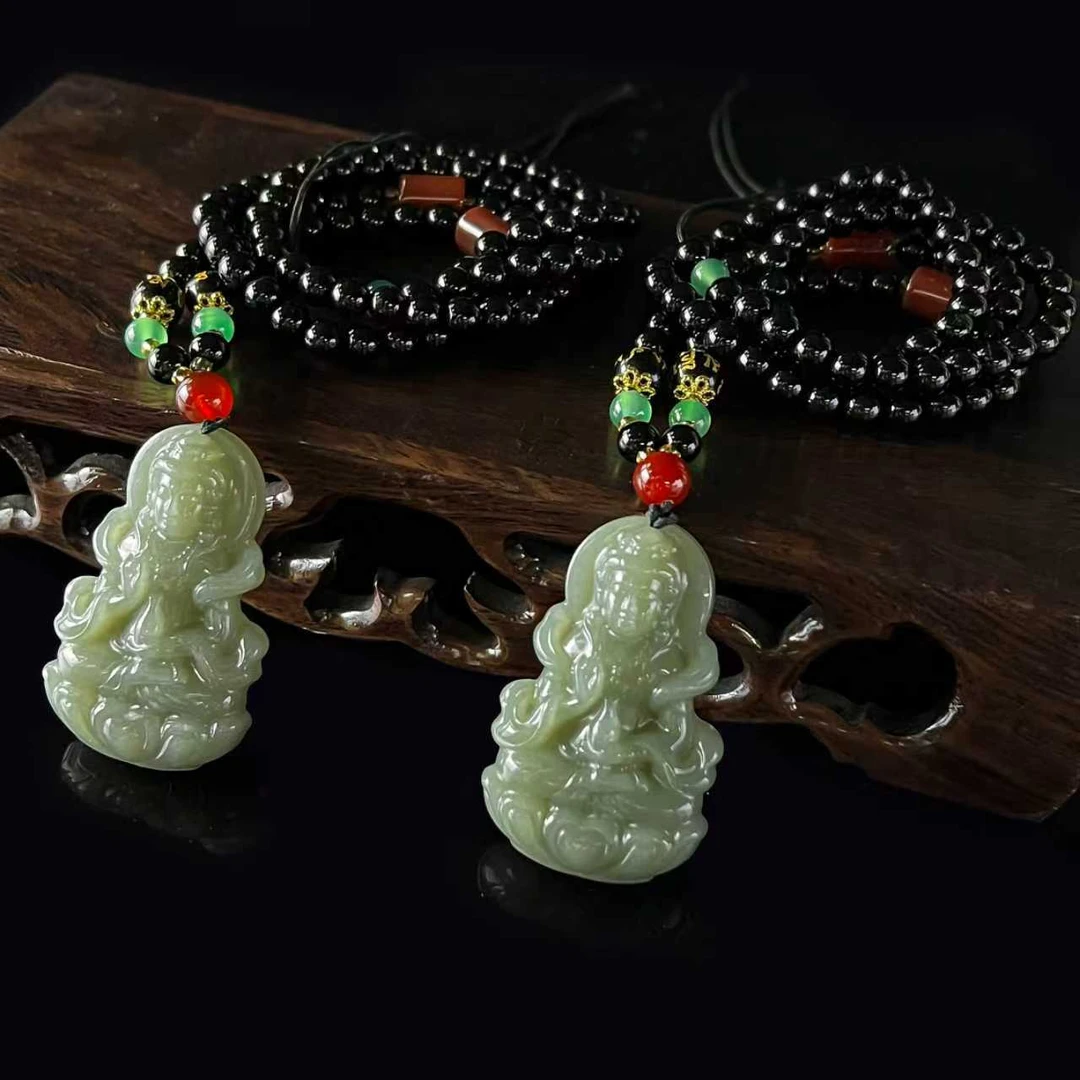 H4923卡50左右-且末和田玉观音吊坠-配珠链-多样性发其一