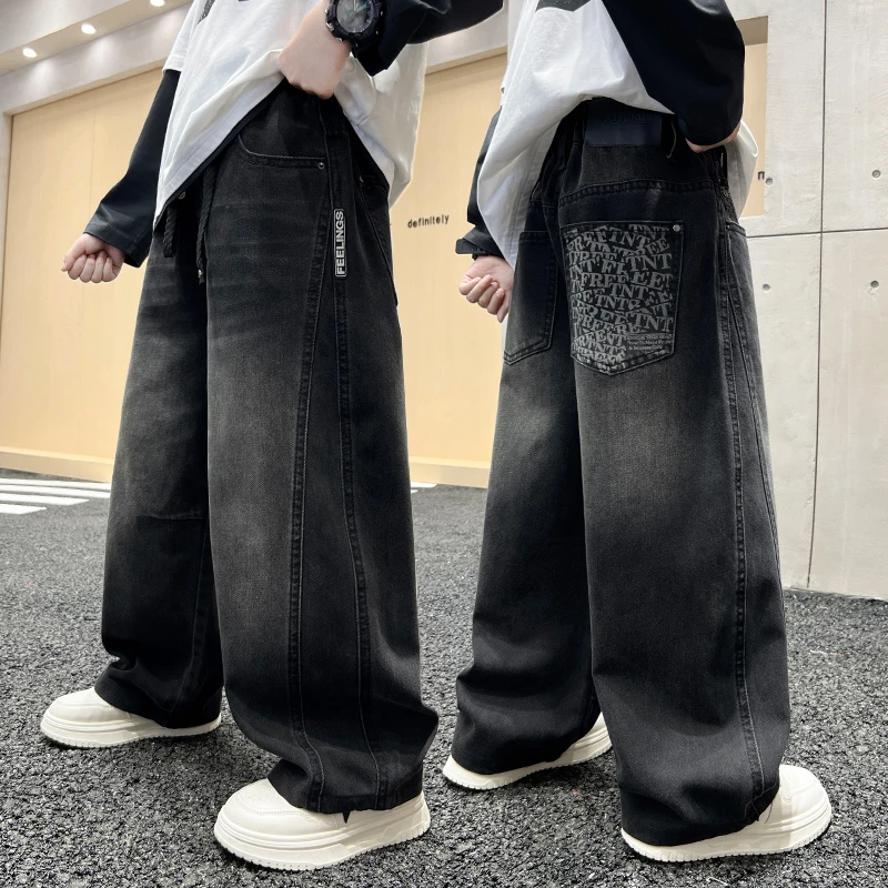 儿童牛仔裤春秋新款潮牌男童裤子中大童长裤休闲黑色软孩装季直筒