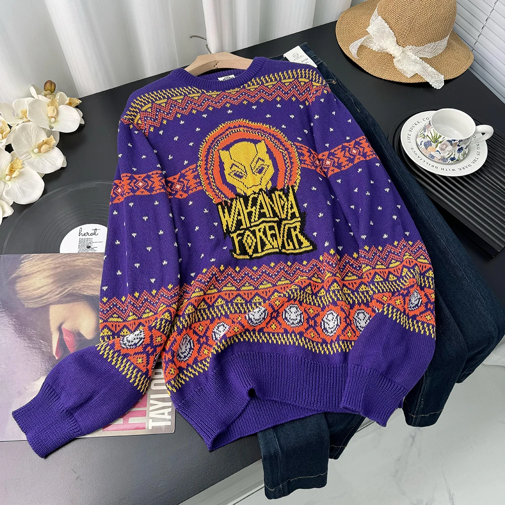 百搭男女士休闲时尚印花长袖圆领百搭潮简约毛衣21339