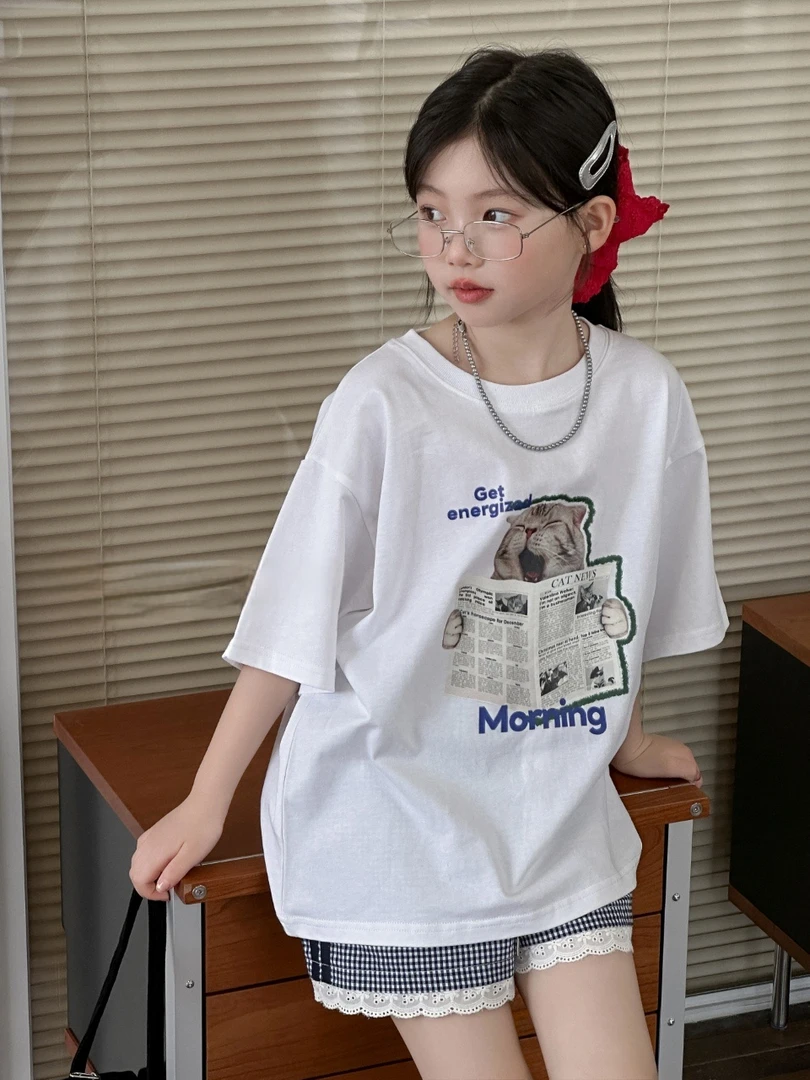 25夏季新品 女童短袖T恤猫咪韩版休闲百搭圆领中大童韩版上衣2411