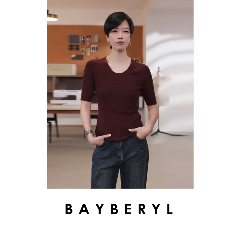 BAYBERYL老贝织银*U领亮丝时尚显瘦25秋短袖针织衫ZZS5H2104