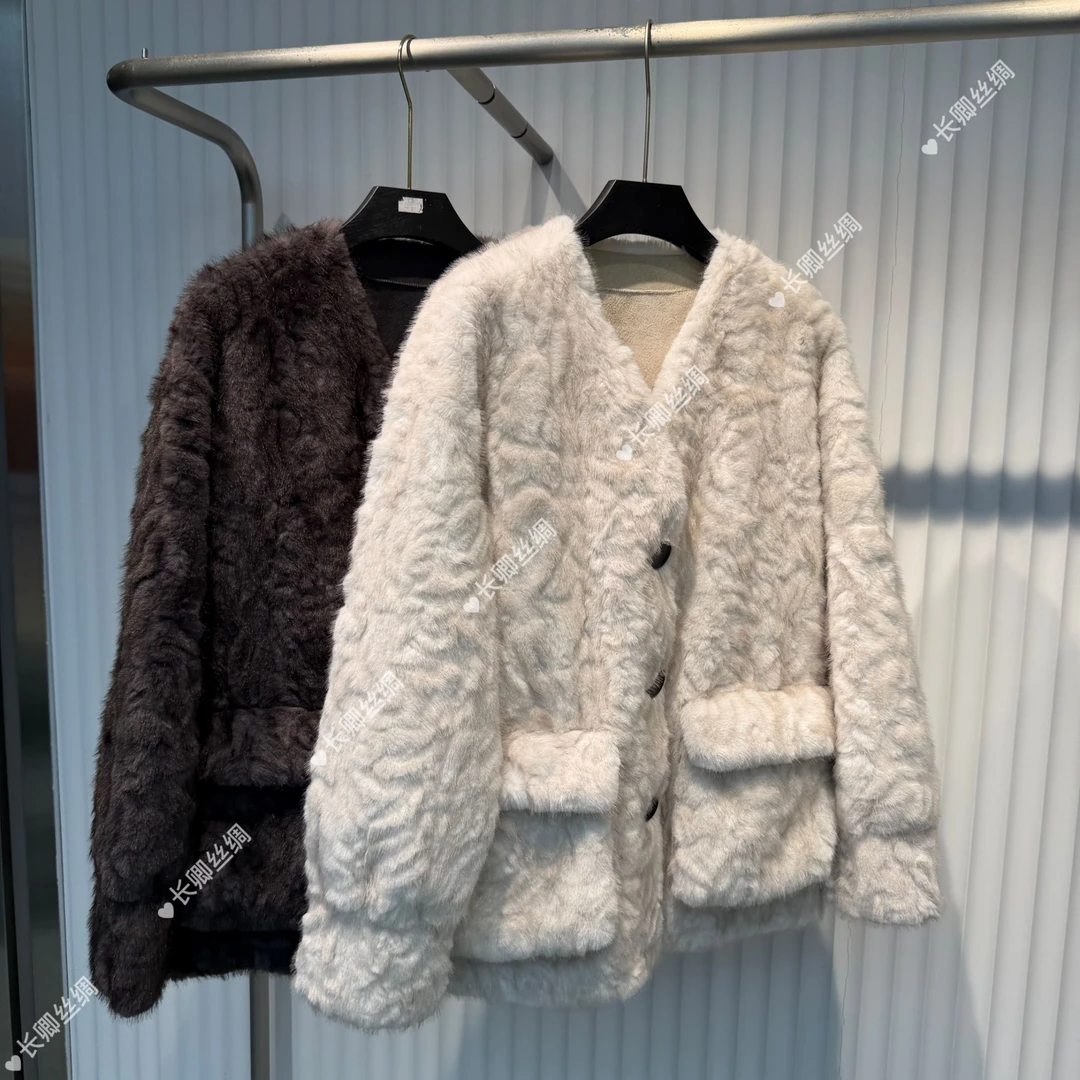 【长卿】小湖羊 V领水貂长袖外套D1178