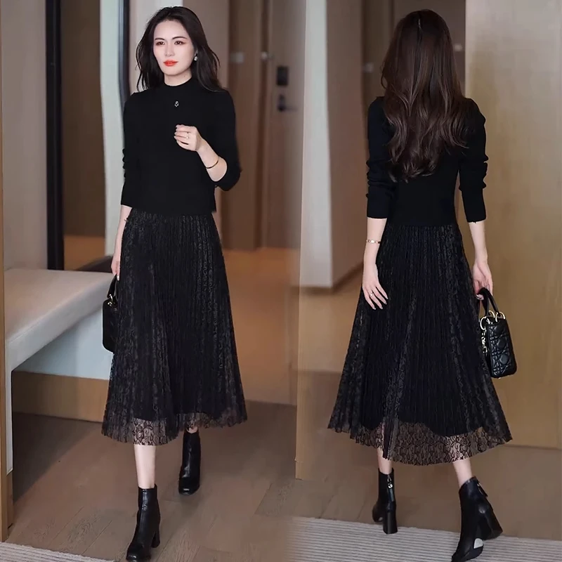 时尚针织连衣裙女2024秋冬新款洋气修身显瘦蕾丝拼接配大衣打底裙