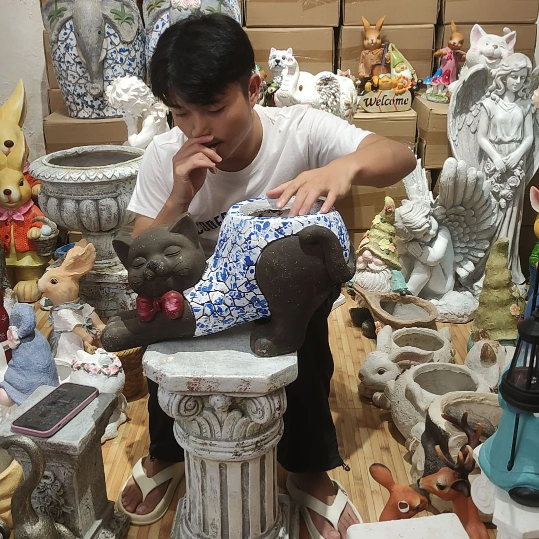 合成树脂青花猫咪花盆