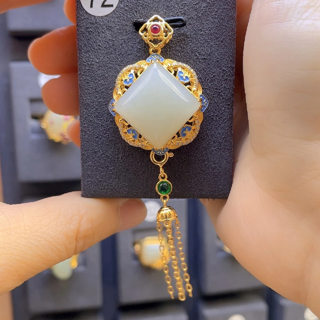 和田玉颈饰银S925镀金镶嵌